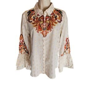 Soft Surroundings Flamenco Embroidered Button Down career XS polkadot paisley